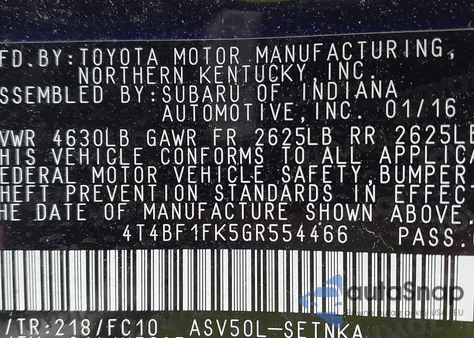 2016 Toyota Camry Le z USA, uszkodzony, nr VIN 4T4BF1FK5GR554466